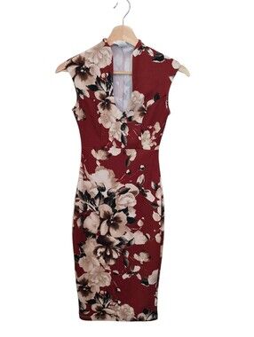 Glare Waffle Weave Floral Print Midi Bodycon Pencil Dress Sz S EUC